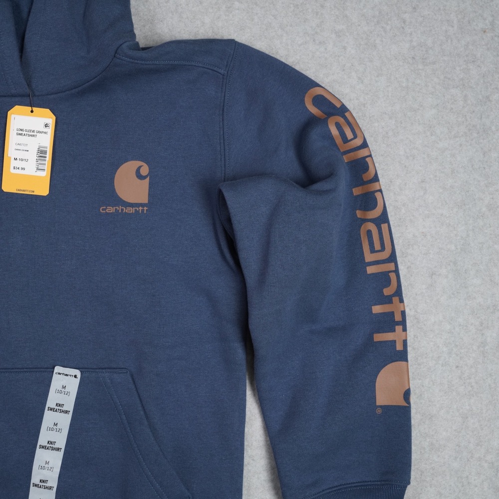 Carhartt Hoodie Boys M 10/12 Dark Denim Graphic Sweatshirt CA6772T Logo Sleeve - Picture 4 of 5